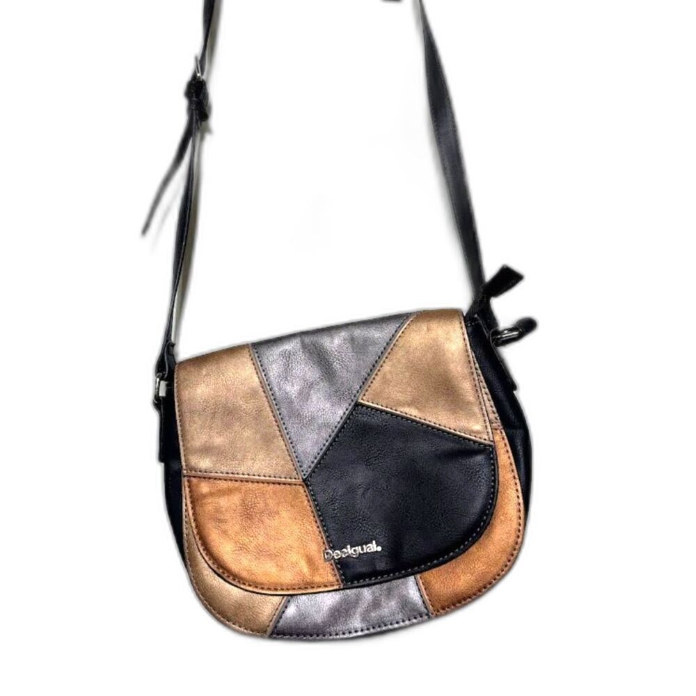 Desigual Purse Black Brown Metallic Patchwork Art To Wear Faux Leather Pebbled